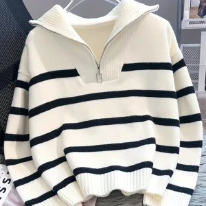 Woman Sweater Zipper Striped