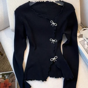 Black/White Solid Lettuce Trim Bowknot Pullover Sweater