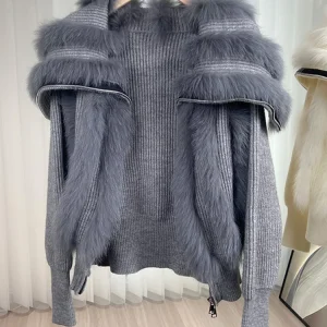 Fashion Fox Fur Coat Short Autumn Zipper Top Patchwork Plush Elegant Women's Clothing 2024 Winter Knitt Cardigan Sweater